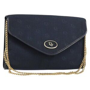 Authentic Christian Dior Chain Shoulder Bag Canvas Navy Gold